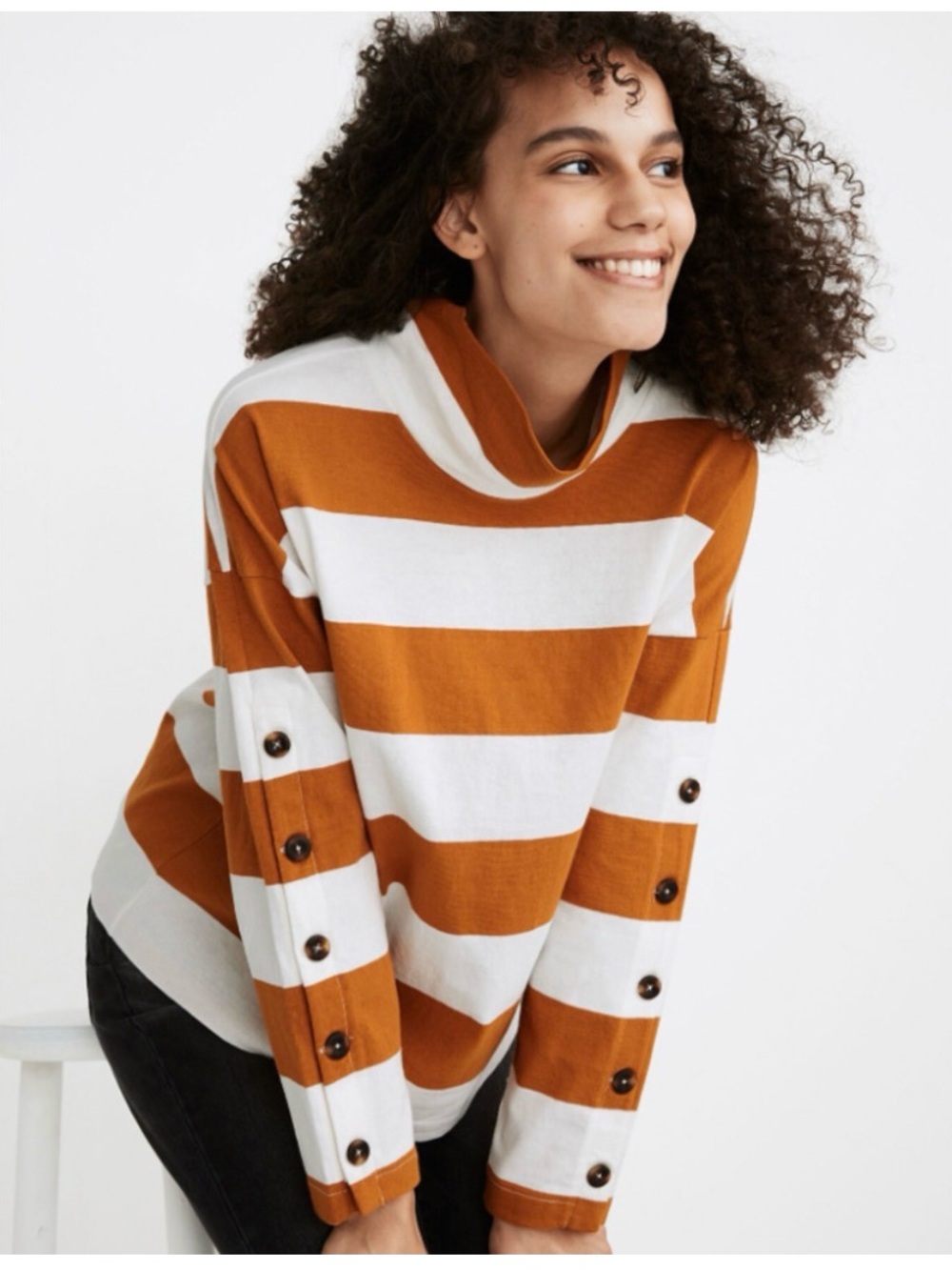 MADEWELL Striped Button Sleeve Turtleneck Sweatshirt Size M